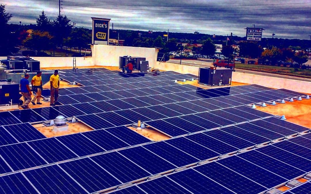 Commercial solar panels on flat roof
