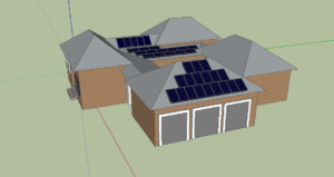 Illustration of solar panels on roof of house and garage